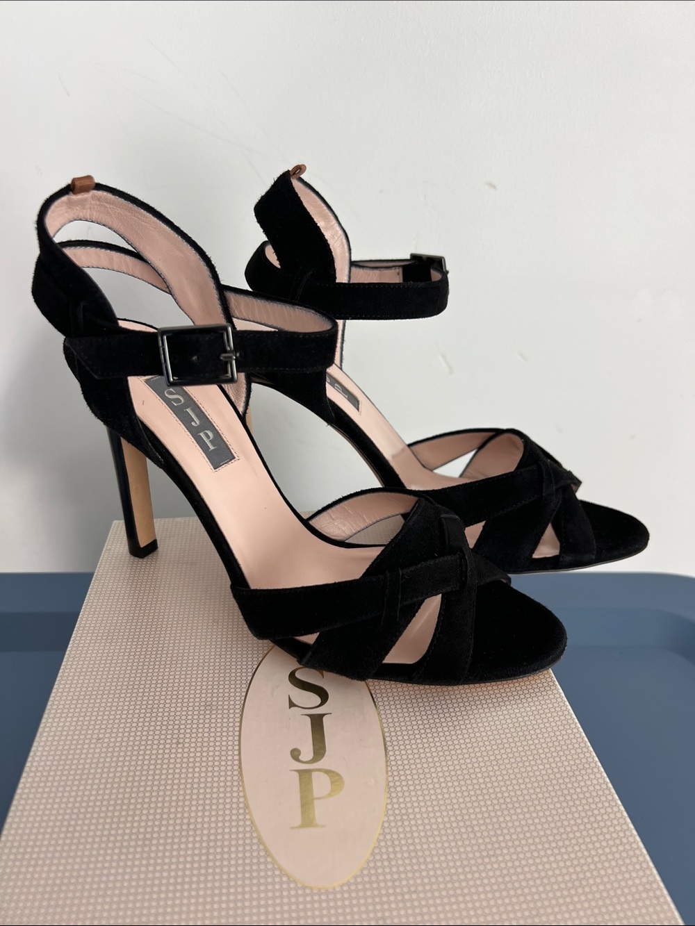 SJP sarah jessica parker cameron black suede open toe criss cross sandals heels